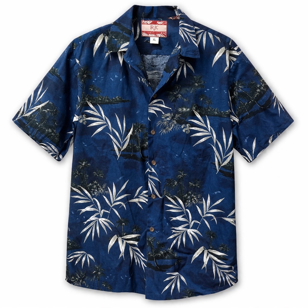 RJC Hawaiian Shirt XL Blue Tropical Palm Tree Print Made in Hawaii USA Button Up